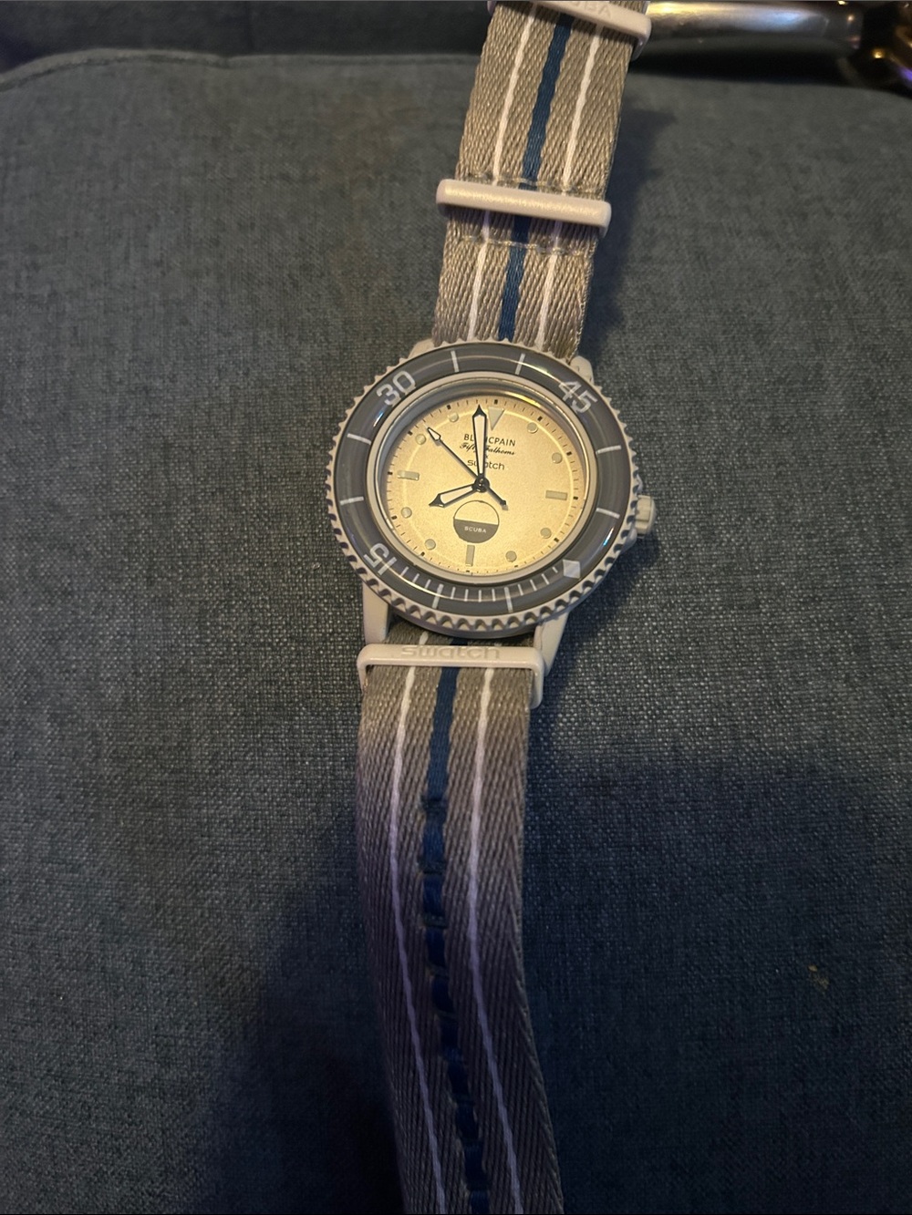 Swatch Beige Dial Diver Watch with Gray and Blue NATO Strap